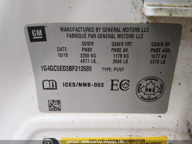 12673237 :رقم المزاد ، 1G4GC5ED3BF212689 vin ، 2011 Buick Lacrosse Cxl مزاد بيع