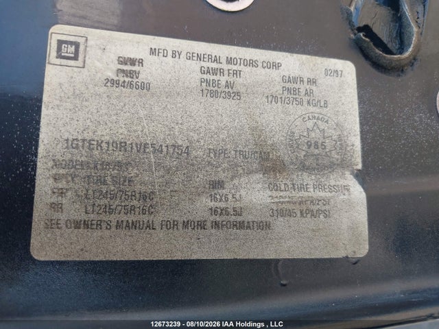 12673239 :رقم المزاد ، 1GTEK19R1VE541754 vin ، 1997 Gmc Sierra K1500 مزاد بيع