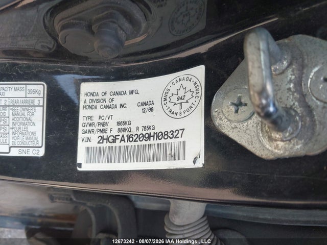 12673242 :رقم المزاد ، 2HGFA16209H108327 vin ، 2009 Honda Civic Dx/dx-a مزاد بيع
