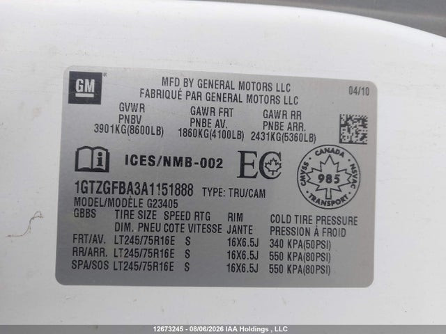 Aukcja sprzedaży 2010 Gmc Savana G2500, vin: 1GTZGFBA3A1151888, numer aukcji: 12673245