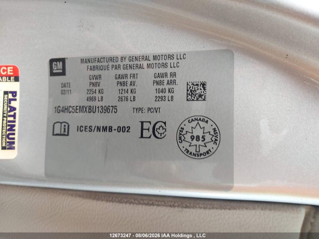 12673247 :رقم المزاد ، 1G4HC5EMXBU139675 vin ، 2011 Buick Lucerne Cxl مزاد بيع