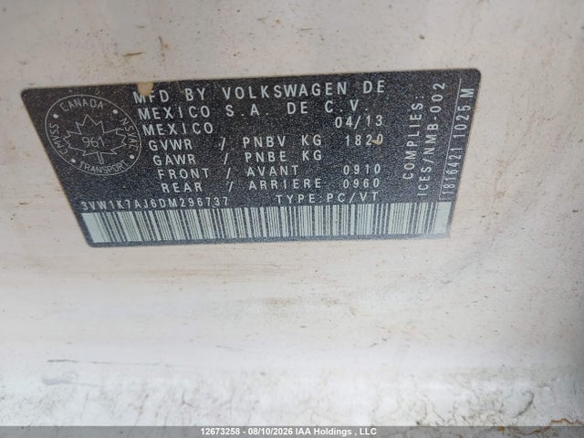 2013 Volkswagen Jetta 2.0l Trendline/2.0l Trendline+ მანქანა იყიდება აუქციონზე, vin: 3VW1K7AJ6DM296737, აუქციონის ნომერი: 12673258