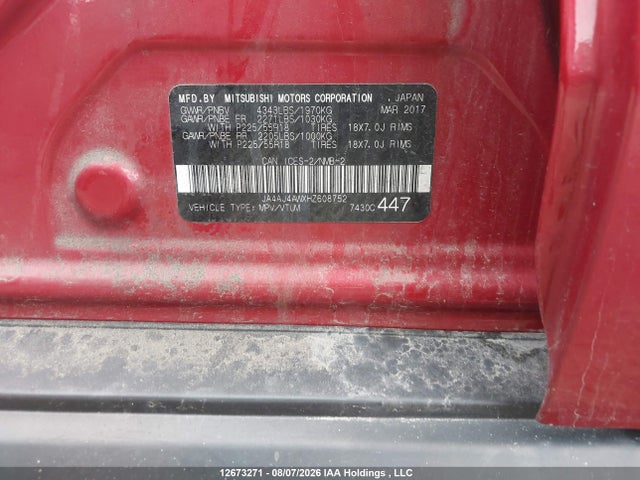 12673271 :رقم المزاد ، JA4AJ4AWXHZ608752 vin ، 2017 Mitsubishi Rvr مزاد بيع