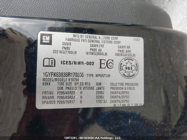 Продажа на аукционе авто 2008 Cadillac Escalade Luxury, vin: 1GYFK63838R170606, номер лота: 12673281