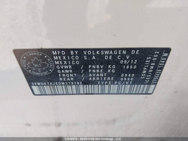 2013 Volkswagen Jetta 2.0l Comfortline მანქანა იყიდება აუქციონზე, vin: 3VWDK7AJ6DM379792, აუქციონის ნომერი: 12636879