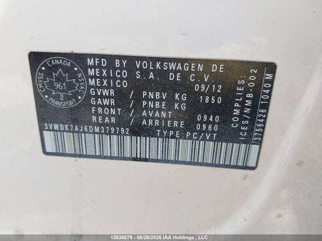 Продажа на аукционе авто 2013 Volkswagen Jetta 2.0l Comfortline, vin: 3VWDK7AJ6DM379792, номер лота: 12636879