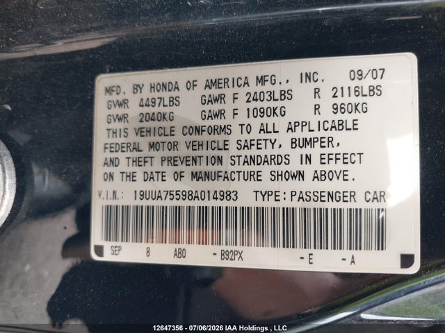 Продажа на аукционе авто 2008 Acura Tl Type S, vin: 19UUA75598A014983, номер лота: 12647356