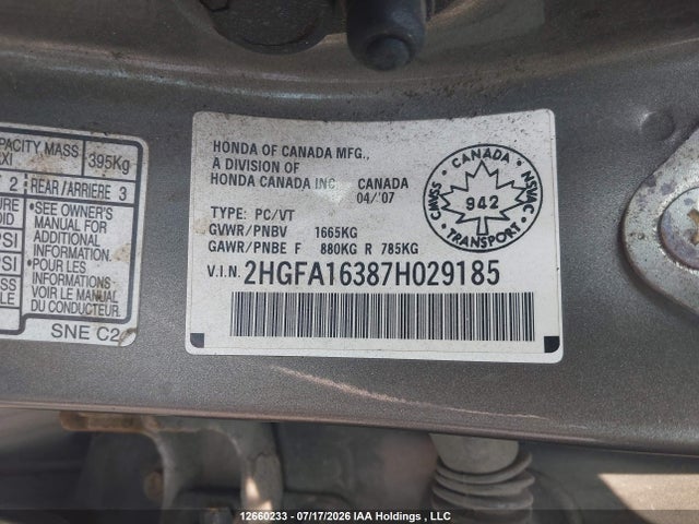 12660233 :رقم المزاد ، 2HGFA16387H029185 vin ، 2007 Honda Civic Dx-g مزاد بيع