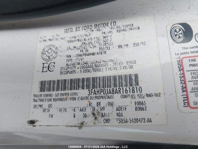 2010 Ford Fusion Sel მანქანა იყიდება აუქციონზე, vin: 3FAHP0JA8AR161810, აუქციონის ნომერი: 12660654