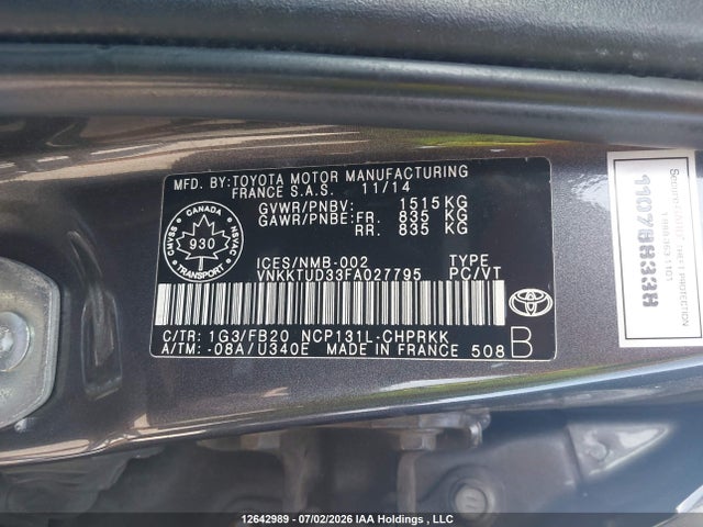 Aukcja sprzedaży 2015 Toyota Yaris Le, vin: VNKKTUD33FA027795, numer aukcji: 12642989