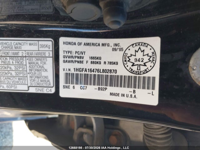 2006 Honda Civic Lx მანქანა იყიდება აუქციონზე, vin: 1HGFA16476L802870, აუქციონის ნომერი: 12668198