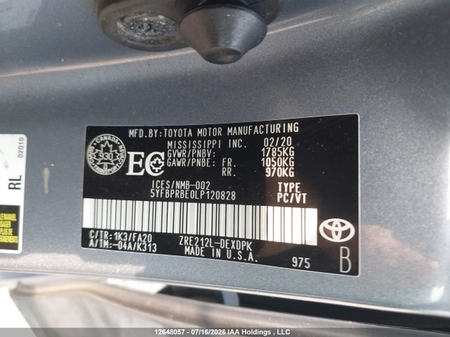 Продаж на аукціоні авто 2020 Toyota Corolla L, vin: 5YFBPRBE0LP120828, номер лоту: 12648057