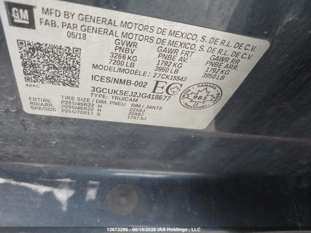 Продажа на аукционе авто 2018 Chevrolet Silverado 1500 2lz, vin: 3GCUKSEJ2JG418677, номер лота: 12673296