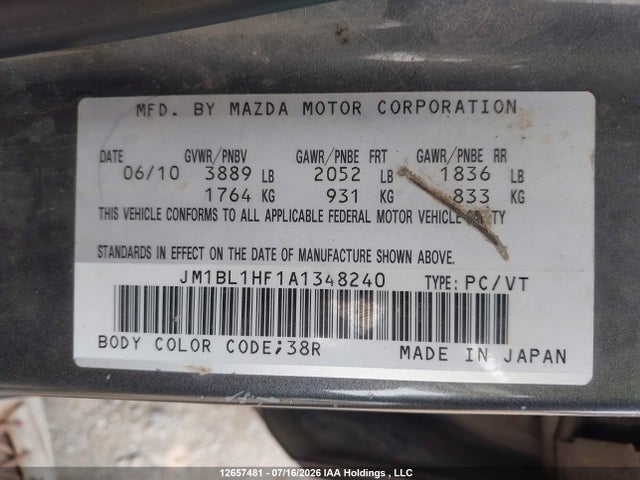 Aukcja sprzedaży 2010 Mazda 3 I, vin: JM1BL1HF1A1348240, numer aukcji: 12657481