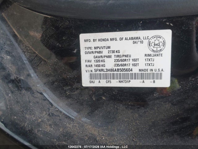 12642276 :رقم المزاد ، 5FNRL3H86AB505604 vin ، 2010 Honda Odyssey Touring مزاد بيع