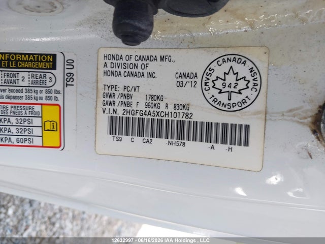 12632997 :رقم المزاد ، 2HGFG4A5XCH101782 vin ، 2012 Honda Civic Si Si مزاد بيع