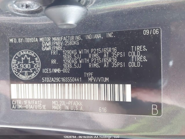 Aukcja sprzedaży 2006 Toyota Sienna Ce 7 Passenger/ce 8 Passenger, vin: 5TDZA29C16S550441, numer aukcji: 12628764