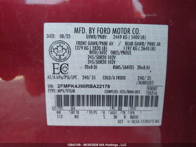 Продаж на аукціоні авто 2024 Ford Edge St-line, vin: 2FMPK4J90RBA22178, номер лоту: 12643159