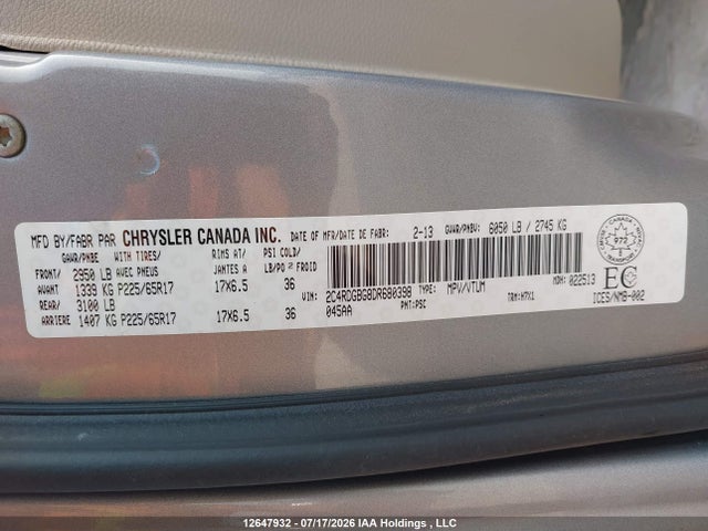 12647932 :رقم المزاد ، 2C4RDGBG8DR680398 vin ، 2013 Dodge Grand Caravan Se/sxt مزاد بيع