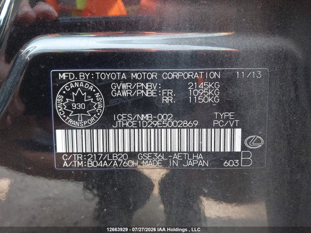 Aukcja sprzedaży 2014 Lexus Is 350, vin: JTHCE1D29E5002869, numer aukcji: 12663929