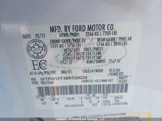 2011 Ford F-150 Fx4/king Ranch/lariat/platinum/xlt მანქანა იყიდება აუქციონზე, vin: 1FTFW1EF3BKD24224, აუქციონის ნომერი: 12659882