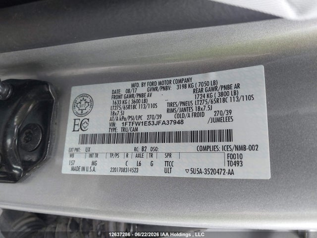 2018 Ford F-150 King Ranch/lariat/platinum/xl/xlt მანქანა იყიდება აუქციონზე, vin: 1FTFW1E53JFA37948, აუქციონის ნომერი: 12637286
