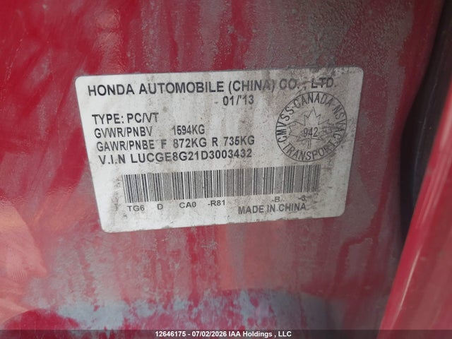 2013 Honda Fit Dx მანქანა იყიდება აუქციონზე, vin: LUCGE8G21D3003432, აუქციონის ნომერი: 12646175