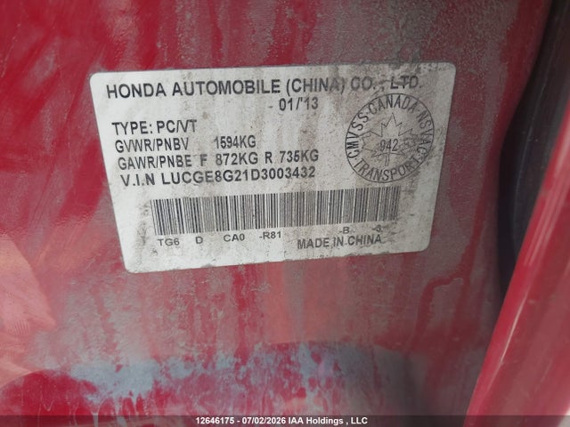 2013 Honda Fit Dx მანქანა იყიდება აუქციონზე, vin: LUCGE8G21D3003432, აუქციონის ნომერი: 12646175