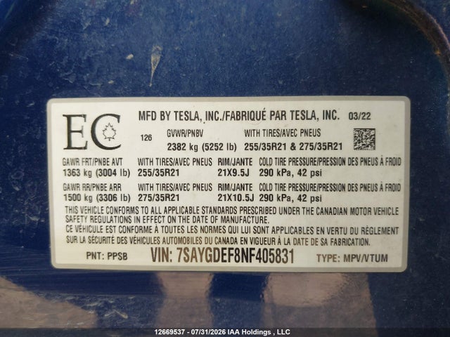 Aukcja sprzedaży 2022 Tesla Model Y Performance, vin: 7SAYGDEF8NF405831, numer aukcji: 12669537