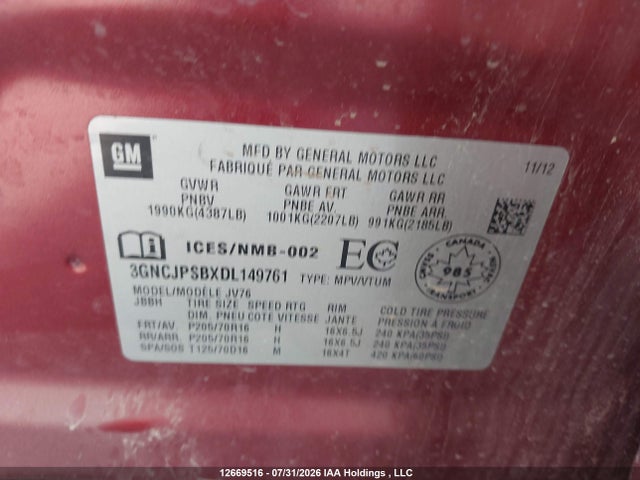 Продаж на аукціоні авто 2013 Chevrolet Trax 1lt, vin: 3GNCJPSBXDL149761, номер лоту: 12669516