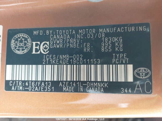 Продажа на аукционе авто 2009 Toyota Matrix Xr, vin: 2T1KE40E19C011153, номер лота: 12673321