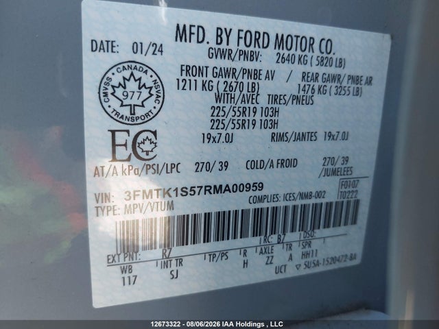 12673322 :رقم المزاد ، 3FMTK1S57RMA00959 vin ، 2024 Ford Mustang Mach-e Select مزاد بيع