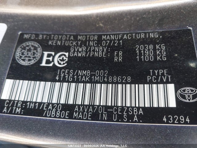 Продажа на аукционе авто 2021 Toyota Camry Se/se Night Shade, vin: 4T1G11AK1MU488628, номер лота: 12673323