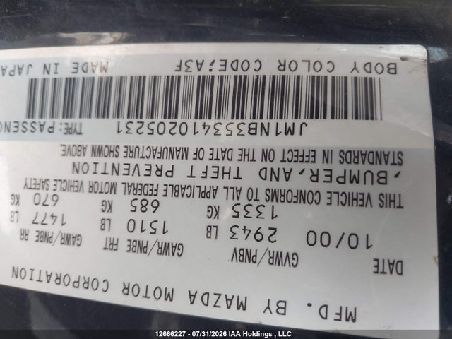 Продаж на аукціоні авто 2001 Mazda Mx-5 Miata 1.8, vin: JM1NB353410205231, номер лоту: 12666227