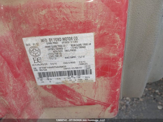 12655741 :رقم المزاد ، 1FTRF14W57NA39433 vin ، 2007 Ford F-150 Stx/xl/xlt مزاد بيع