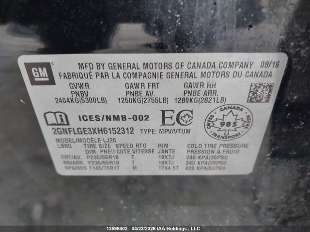 12596402 :رقم المزاد ، 2GNFLGE3XH6152312 vin ، 2017 Chevrolet Equinox Premier مزاد بيع