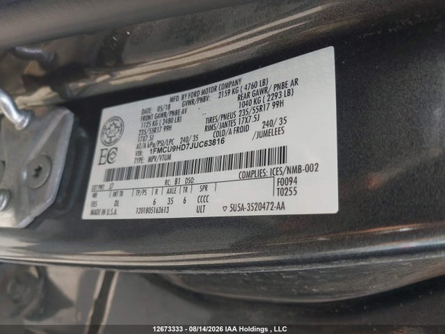 Продажа на аукционе авто 2018 Ford Escape, vin: 1FMCU9HD7JUC63816, номер лота: 12673333