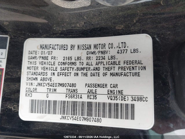 12673334 :رقم المزاد ، JNKCV54E07M907480 vin ، 2007 Infiniti G35 مزاد بيع