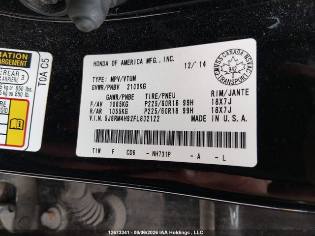Honda Cr-v Touring 2015 5J6RM4H92FL802122 Image 9