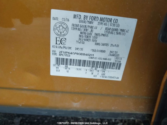 Aukcja sprzedaży 2016 Ford Edge Sport, vin: 2FMPK4AP9GBB45201, numer aukcji: 12673372