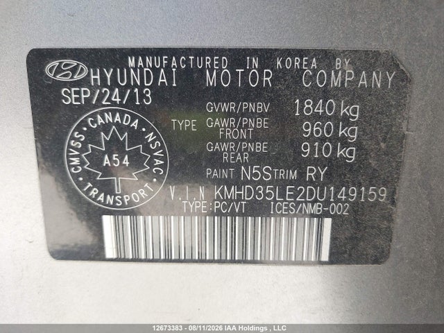 12673383 :رقم المزاد ، KMHD35LE2DU149159 vin ، 2013 Hyundai Elantra Gt مزاد بيع