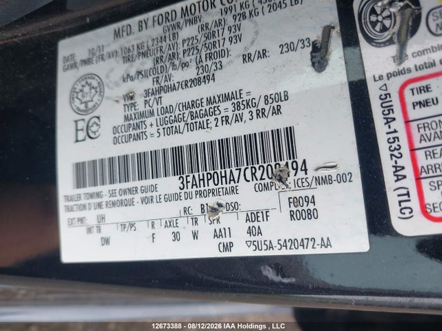 Aukcja sprzedaży 2012 Ford Fusion, vin: 3FAHP0HA7CR208494, numer aukcji: 12673388