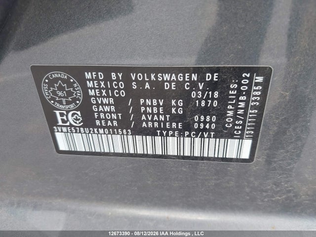 3VWE57BU2KM011563 Volkswagen Jetta 1.4 Tsi Highline