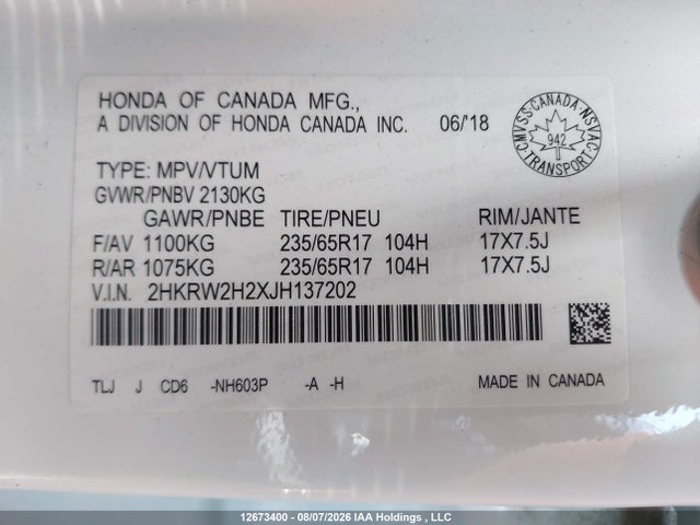 2018 Honda Cr-v Lx მანქანა იყიდება აუქციონზე, vin: 2HKRW2H2XJH137202, აუქციონის ნომერი: 12673400
