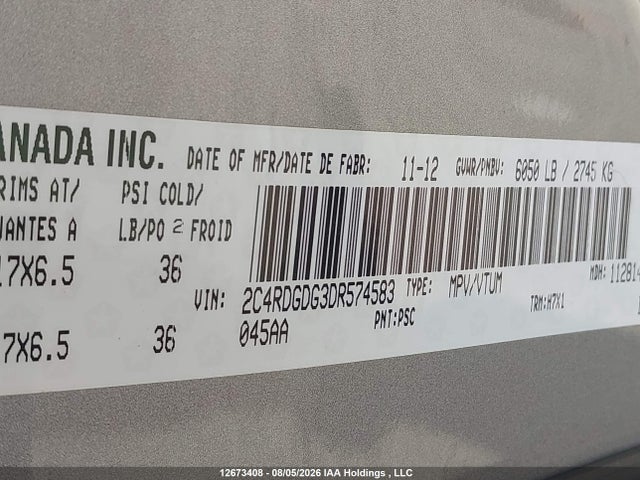 12673408 :رقم المزاد ، 2C4RDGDG3DR574583 vin ، 2013 Dodge Grand Caravan Crew مزاد بيع