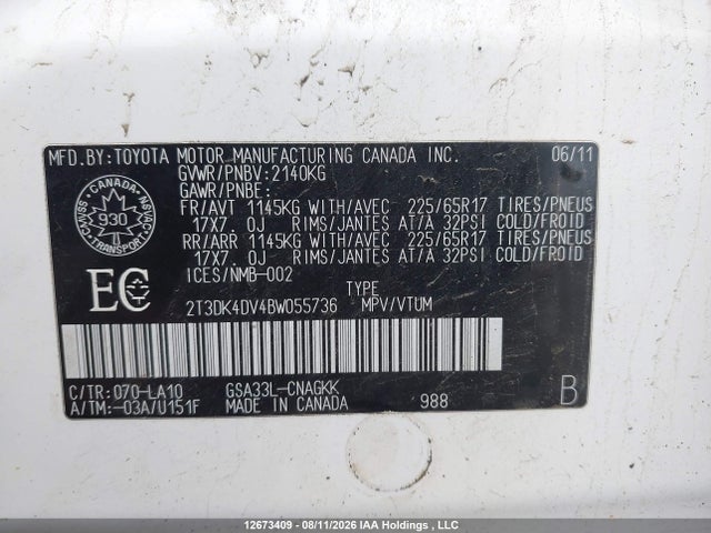 Продаж на аукціоні авто 2011 Toyota Rav4 Limited V6, vin: 2T3DK4DV4BW055736, номер лоту: 12673409