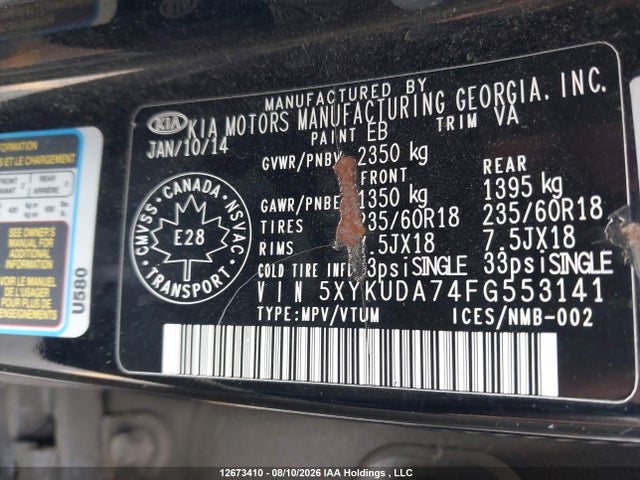 Aukcja sprzedaży 2015 Kia Sorento Ex V6, vin: 5XYKUDA74FG553141, numer aukcji: 12673410