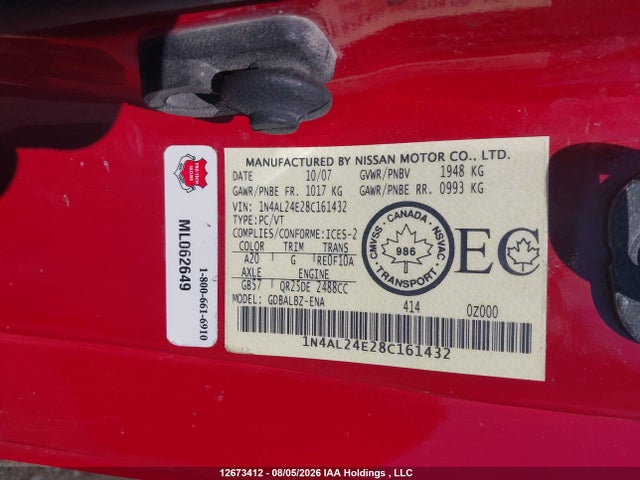 2008 Nissan Altima 2.5 S მანქანა იყიდება აუქციონზე, vin: 1N4AL24E28C161432, აუქციონის ნომერი: 12673412