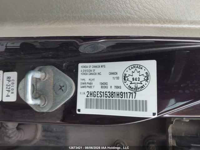 2001 Honda Civic Dx-g მანქანა იყიდება აუქციონზე, vin: 2HGES15381H911717, აუქციონის ნომერი: 12673421