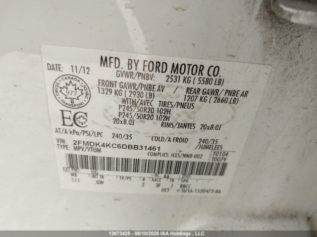 2013 Ford Edge Limited მანქანა იყიდება აუქციონზე, vin: 2FMDK4KC6DBB31461, აუქციონის ნომერი: 12673425